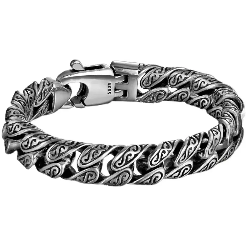 S925 Silver Male Tang Grass Pattern Bracelet Men\'s Bracelet Versatile Hegemony European And American Fashion Bracelet Gift