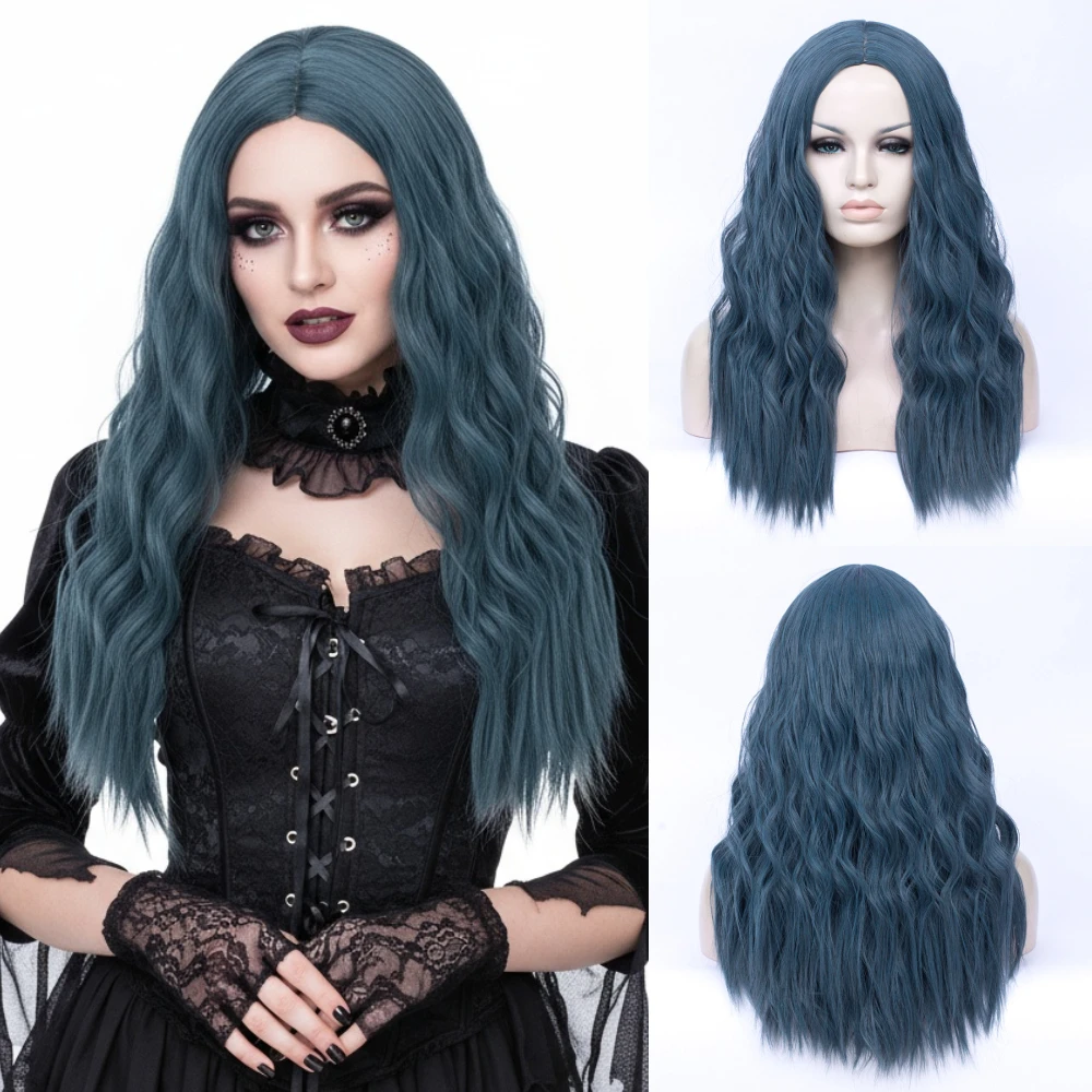 

Длинный волнистый синий синтетический парик, высокотемпературный шелковый парик с полным покрытием головы для повседневной вечеринки, косплея