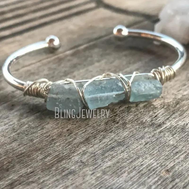 Raw Aquamarine Silver Plated Cuff Bracelet Boho Bangle Women Wire Wrapped Bridesmaid Gift March Birthstone Crystal Jewelry