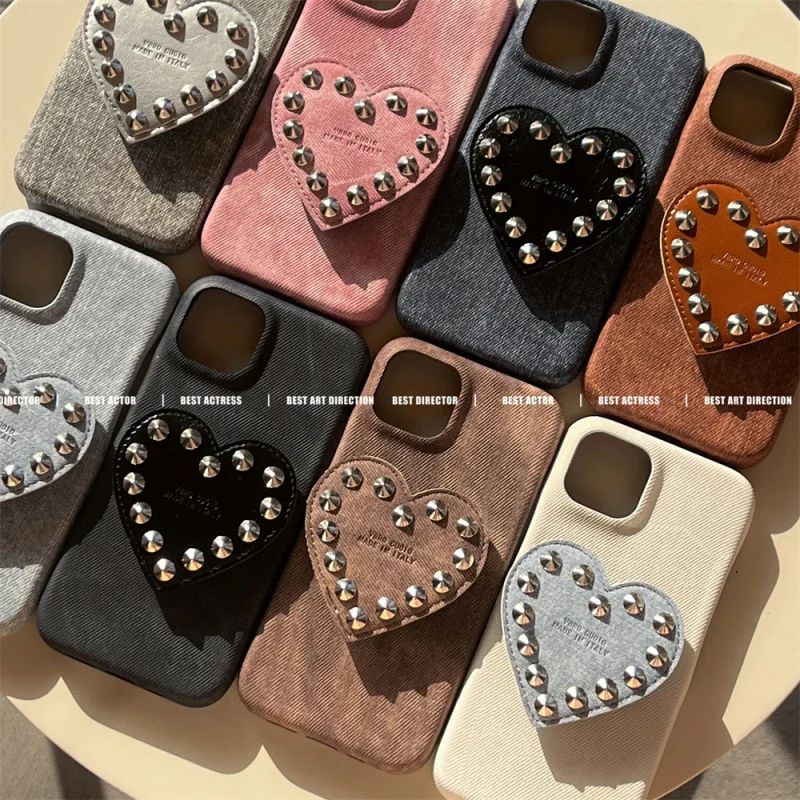 

Niche Denim Leather Texture Phone Case Compatible with Apple17/15/14PRORivet Heart BracketiPhone13/16