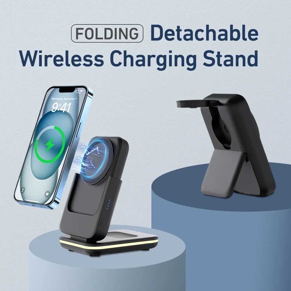 3 In 1 Foldable Wireless Charging Station 5000mAh Detachable Magn/etic Power Bank For