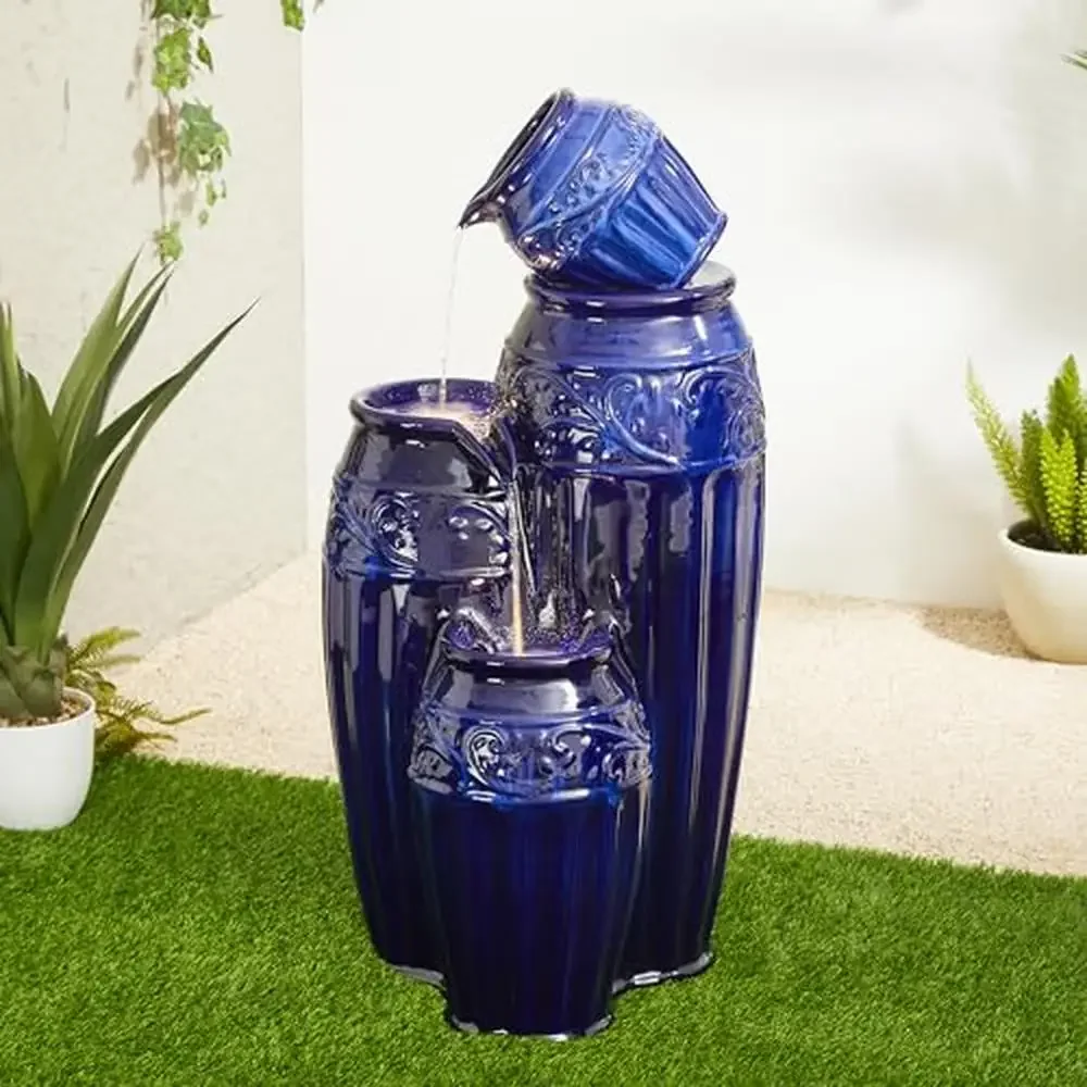 

35.5" H 4-Tier Oversized Ceramic Water Fountain LED Lights Pump Cobalt Blue Pattern Outdoor Use Relaxing Sound Garden Yard Porch