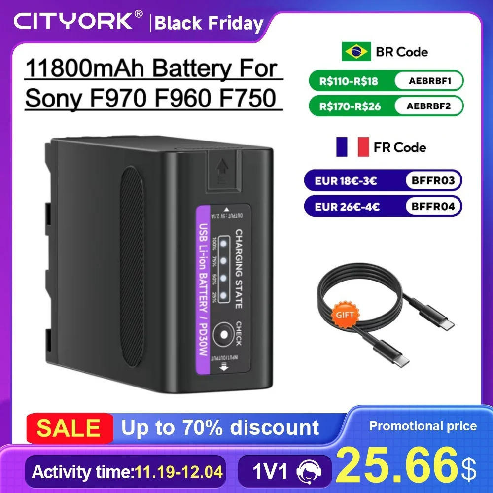 

11800mAh NP-F990 Type-C Battery For Sony F970 F960 F550 F750+Type-C PD30W Cable With LED Power Indicator New Upgrade Battery
