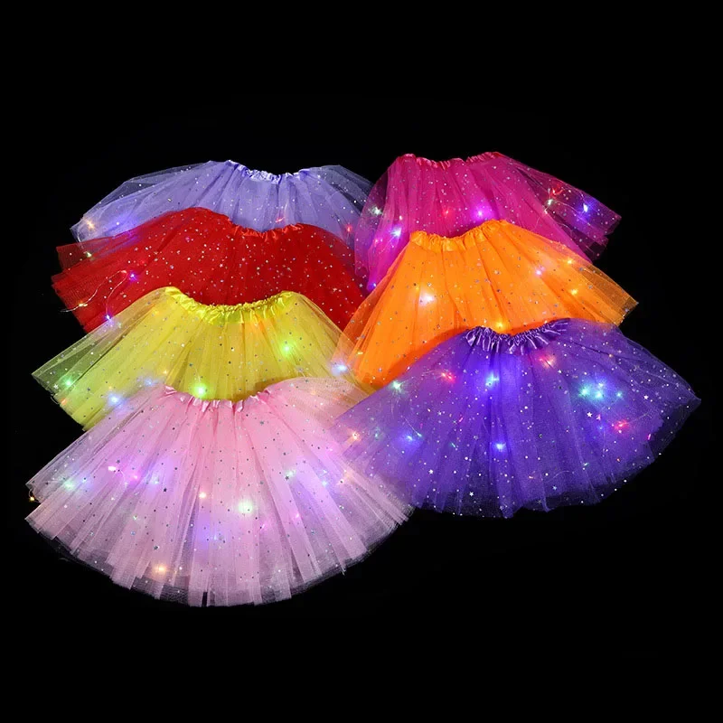 

Colorful Adult Glitter Star Short Dress LED Light Up Layered Tulle Ballet Performance Dance Clothing Tutu Girl Glow Skirt