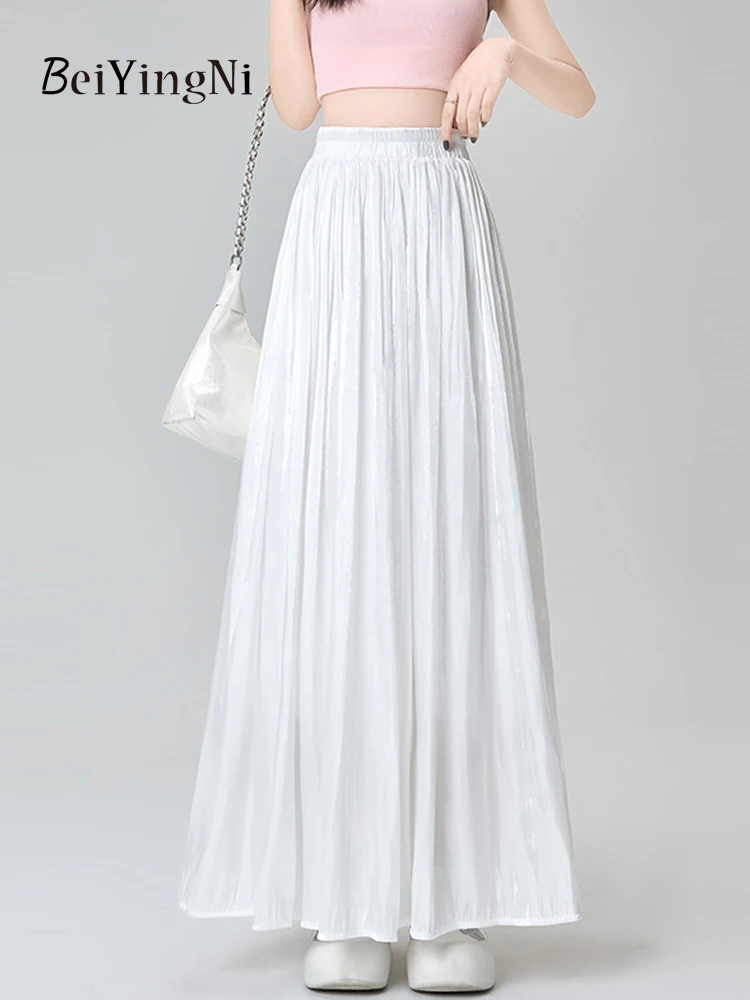 Beiyingni Vrouwen Maxi Geplooide Rokken Casual Eenvoudige Elastische Taille Wit Roze Lange A-lijn Rok Dames Elegante Luxe Franse Jupes