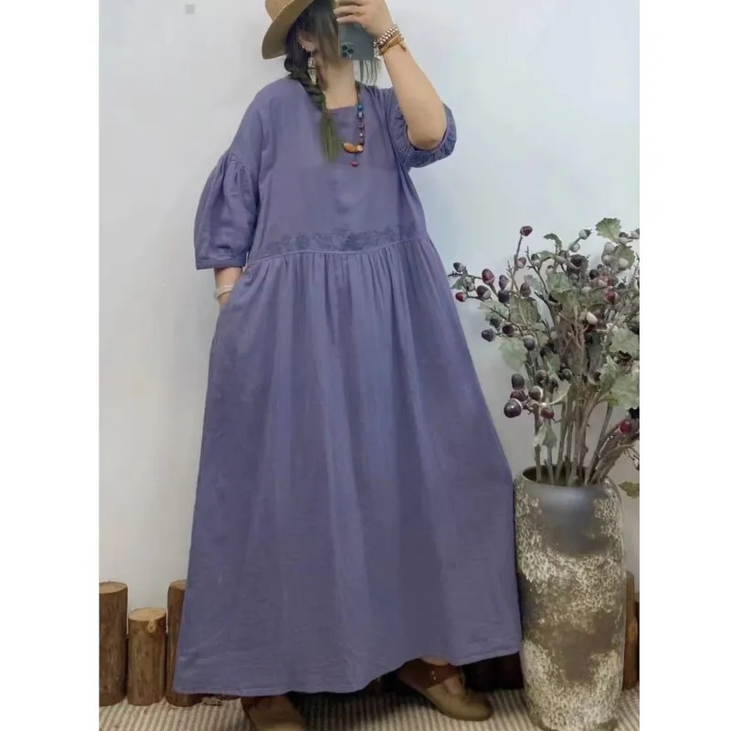 Johnature Vintage ปักผ้าฝ้ายชุด 2025 ฤดูร้อนใหม่ญี่ปุ่นหลวม 6 สีชุดสตรี