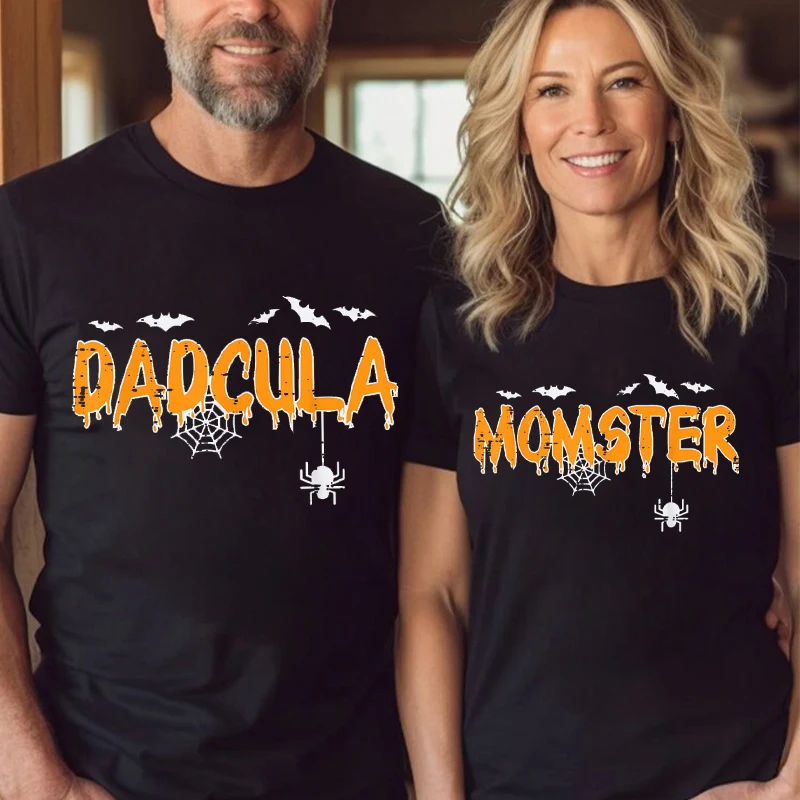Mom Dad Print Matching Halloween Couple T-shirts Vintage Short Sleeve Women Men Spooky Season Halloween Tshirts