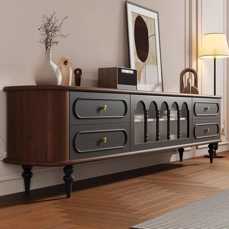 

TV Cabinet Coffee Table Combination Italian Light Luxury Modern Simple Walnut Color Ribbon Foot TV Cabinet Living Room Furniture