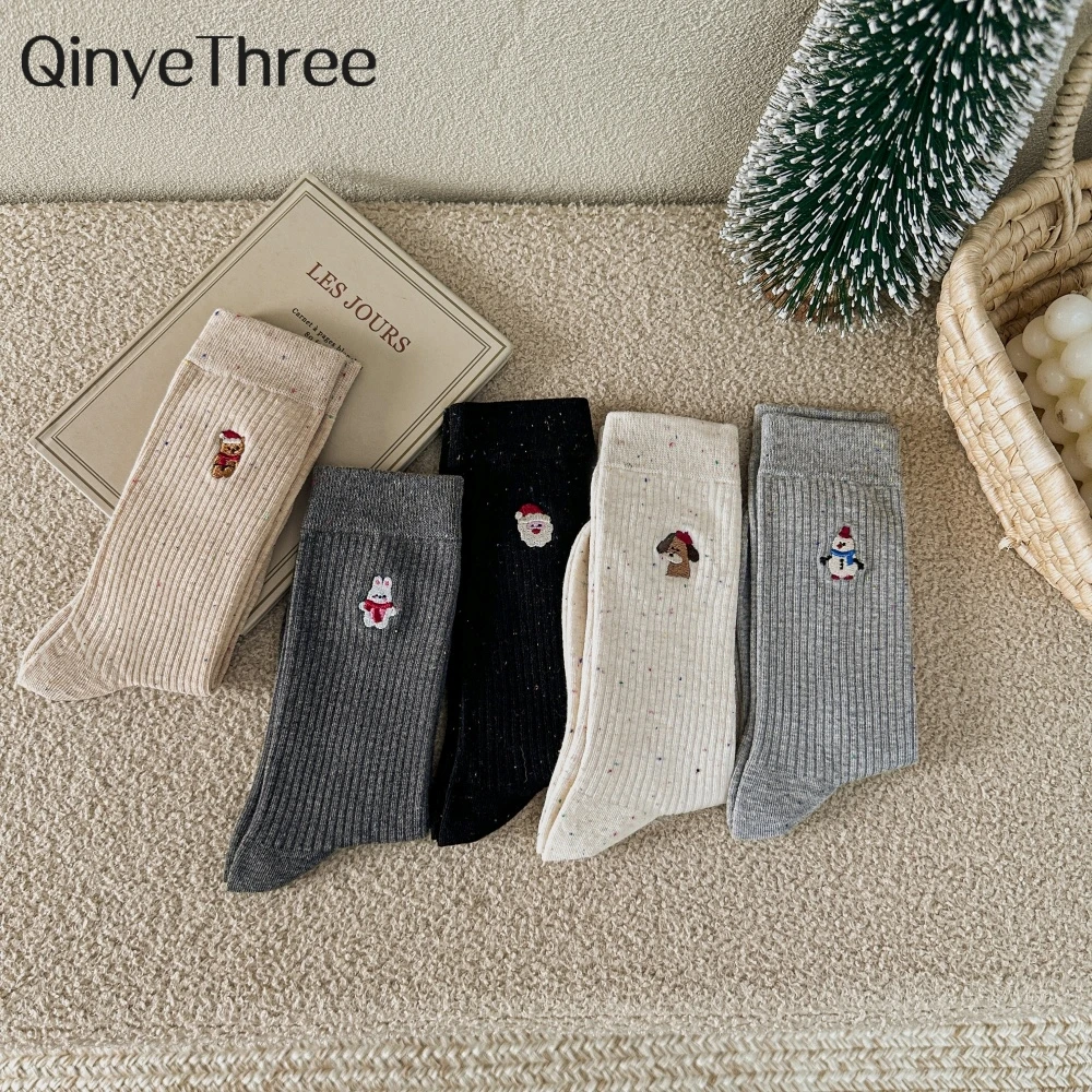 Cute Cartoon Animal Polka Dot Christmas Snowman Embroidery Trendy Women's Piled Socks Christmas Gift