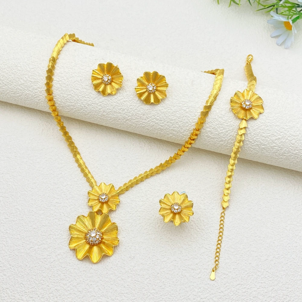 

Flora Women's Gold-Plated Flower Shape Zirconia Imitation Jewelry Set with Bracelet Earrings Necklace Chic Everyday Accessory