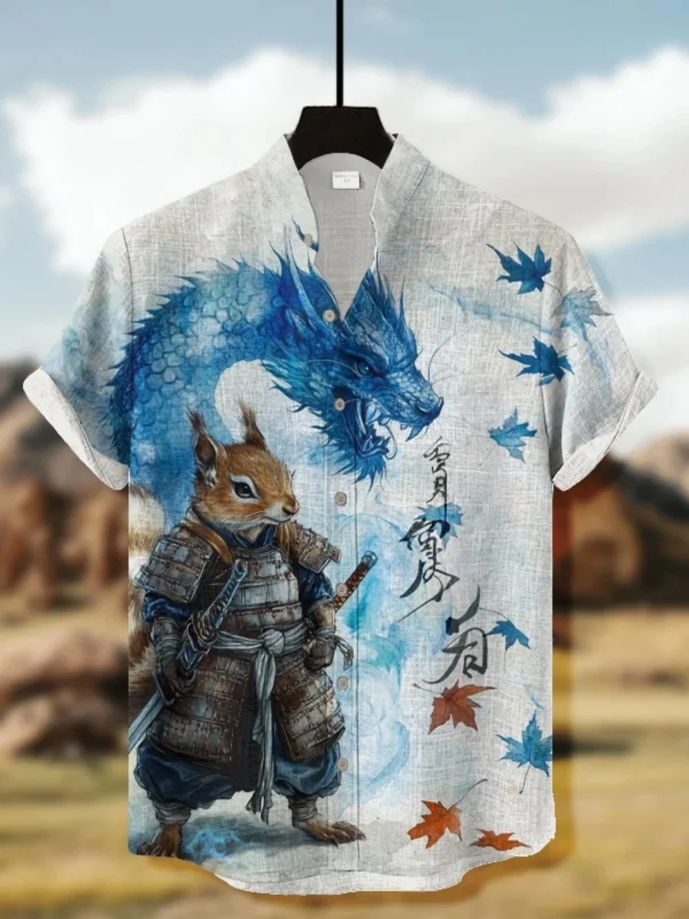 

Men's Short Sleeve Stand up Collar Linen Cardigan Japanese Art Printed Shirt Fashionable Summer Vacation Outdoor Clothing