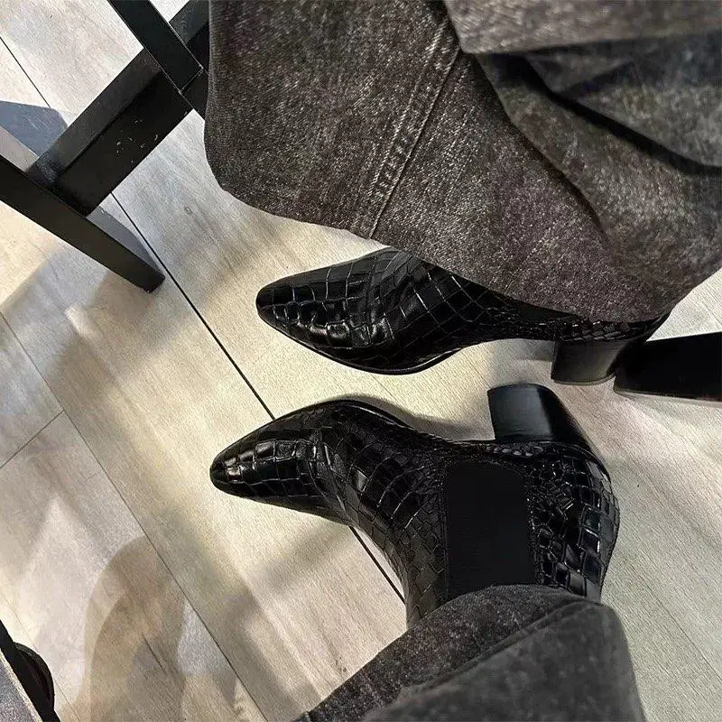 Chelsea Ankle Boots Genuine Leather Embossed Elastic Side Gusset Pointed Toe Thick Block Heel Glossy Fashion Dress Boots for Men