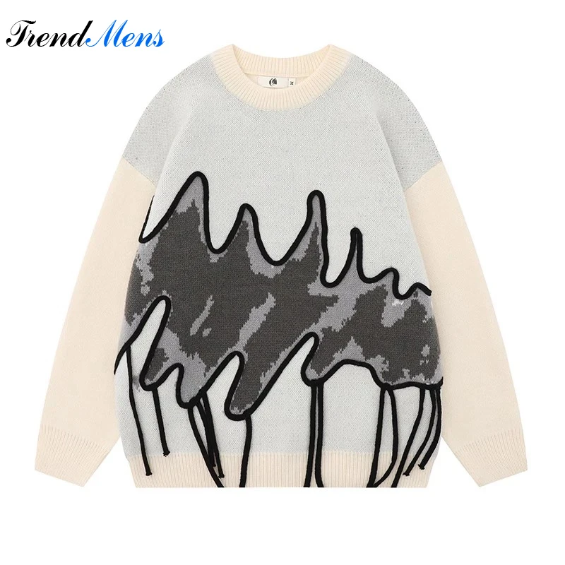 

American Color Matching Sweater Retro Printed Loose Couple Long Sleeved Pullover Harajuku Hip-hop Versatile Comfortable Knitted