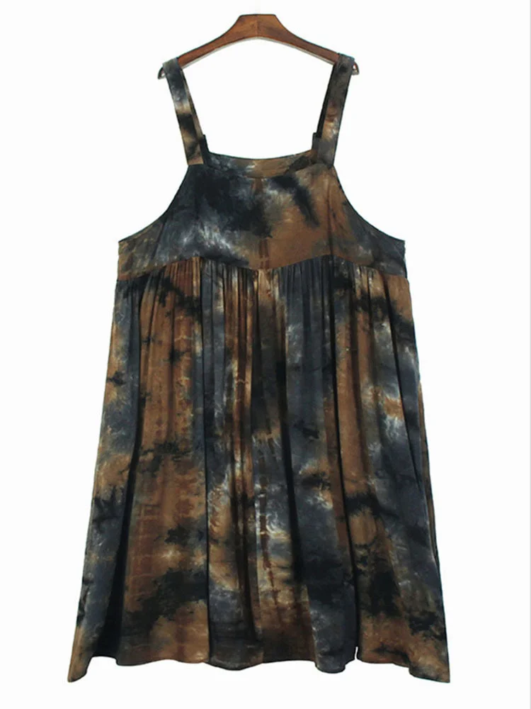 Women Tie Dye Big Size Casual Midi Strap Dress New Sleeveless Loose Fit Casual Fashion Tide Spring Summer  O249