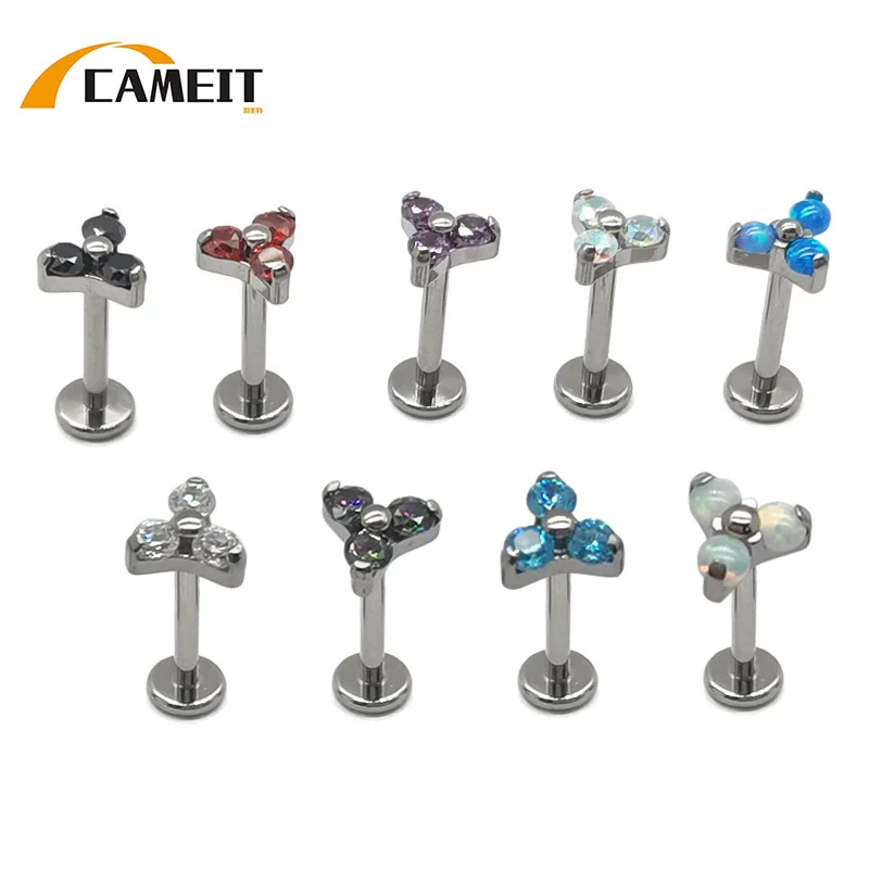 ASTM F-136 Titanium Triangle Inset Zircon Ear Bone Nails Lip Nails Inner Teeth Earrings Body Piercing Jewelry