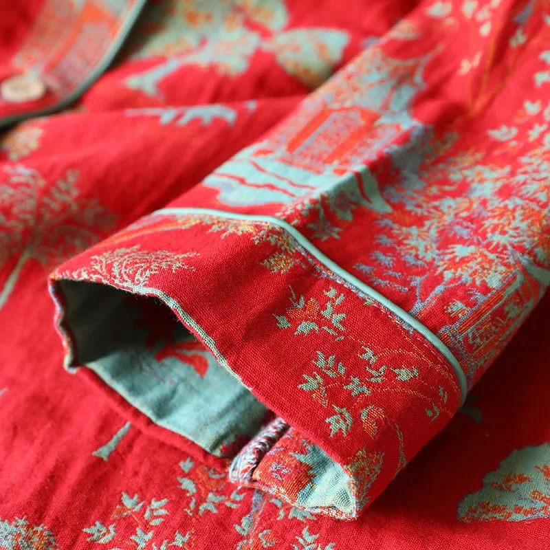 ชุดนอนผ้าฝ้ายเนื้อละเอียด 100% สำหรับผู้หญิง ปี 2025 สีเรโทร ชุดนอนถักแขนยาว ชุดลำลองใส่บ้าน