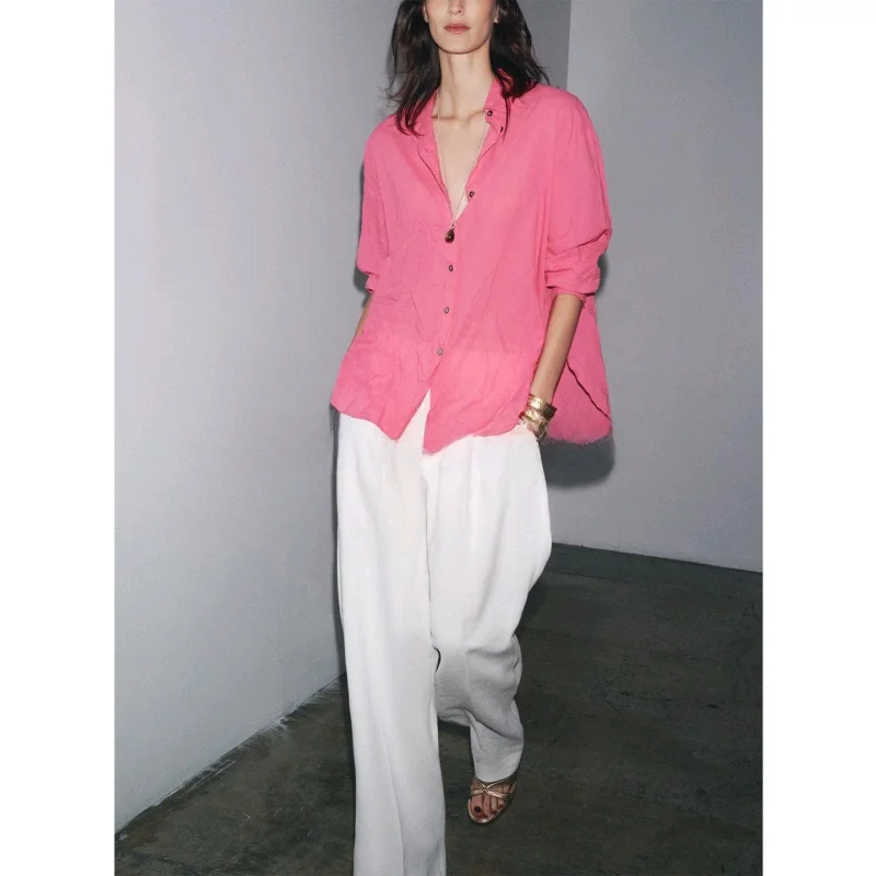 

Summer New Women's Cotton Blend Asymmetric Hem Color Blo Button Pleated Collar irt Loose Fit Long Sve Ne