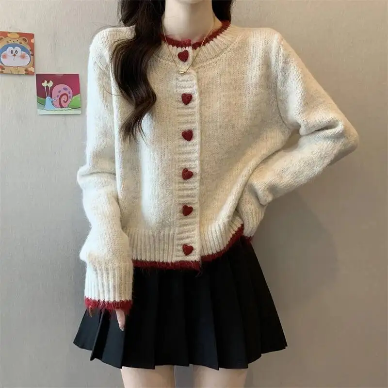 

Heart Buttons Cardigan Sweater Women Y K Korean Contrast Color Knitted Cardigans Coat Autumn Chic Design Round Collar Outerwear