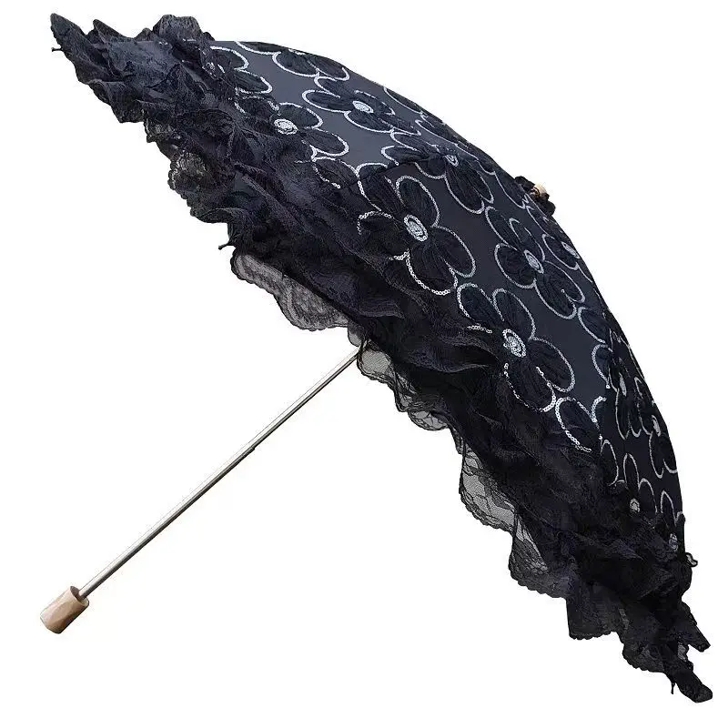 

2 3 Folding Black Lace Flower Sun Umbrella Compact Travel Portable Windproof Sun Protection Sunny Parasol Female Luxury Business