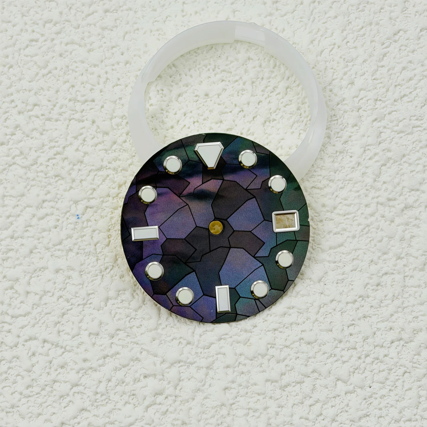 New NH35 Mechanical Watch with Custom Dial. 28.5mm Dial, Stitched Mother-of-Pearl Dial with Green Night-Lit Numerals.