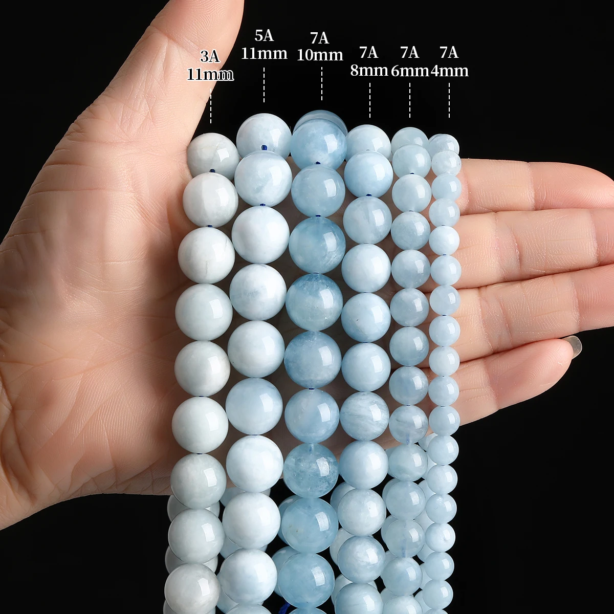 7A Naturstein-Aquamarin-Perlen, runde lose Distanzperlen, blaue Beryll-Edelsteine für die Schmuckherstellung, DIY-Armband- und Halskettenzubehör – Detail 5