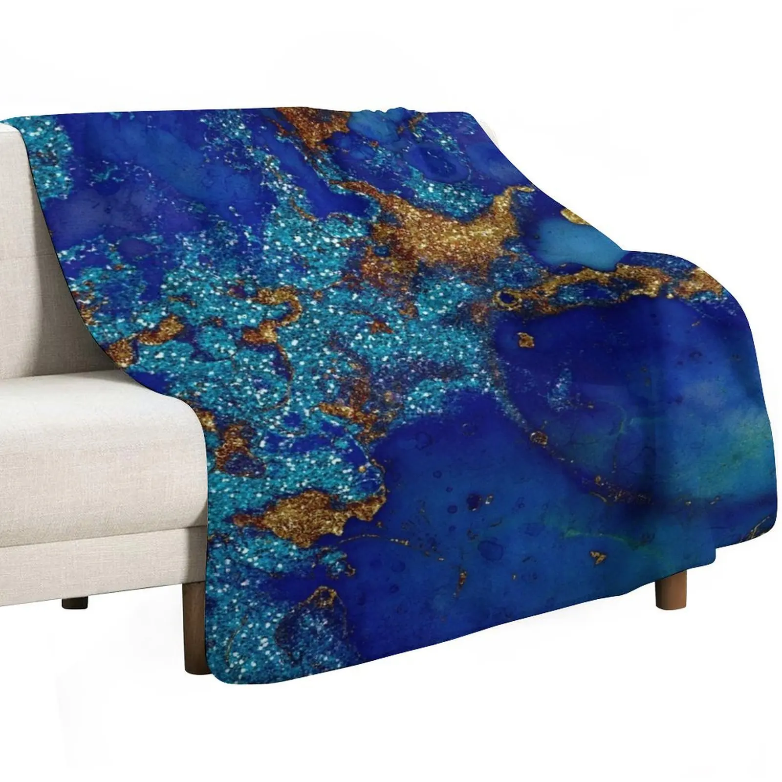 Gold Indigo Blue Faux Malachite Marble Throw Blanket Portable Lightweight Blanket for Travel Camping