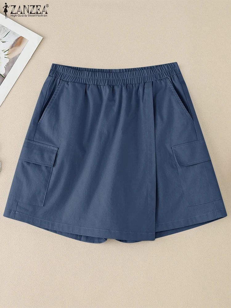 ZANZEA-pantalones cortos informales con apariencia vaquera para mujer, pantalones cortos holgados con cintura elástica envueltos, pantalones cortos de pierna ancha, ropa de calle para el día de verano 2025