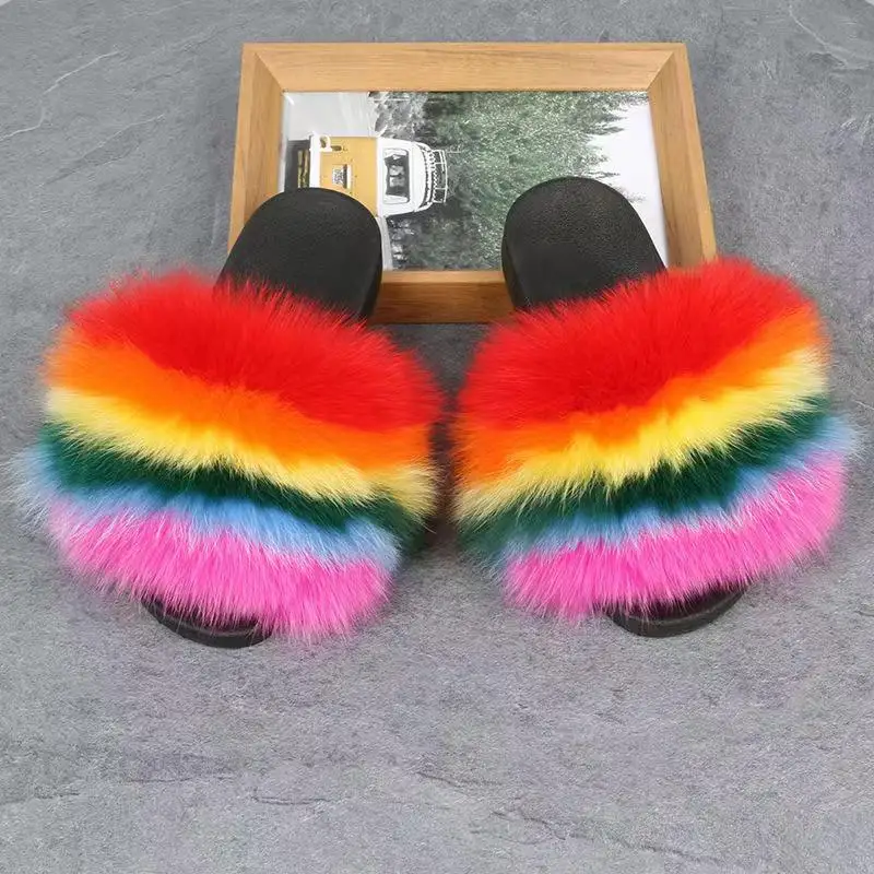 

Женские летние тапочки из натурального меха лисы и енота, пушистые, модные, для дома и улицы, удобные, мягкие, пляжные сандалии