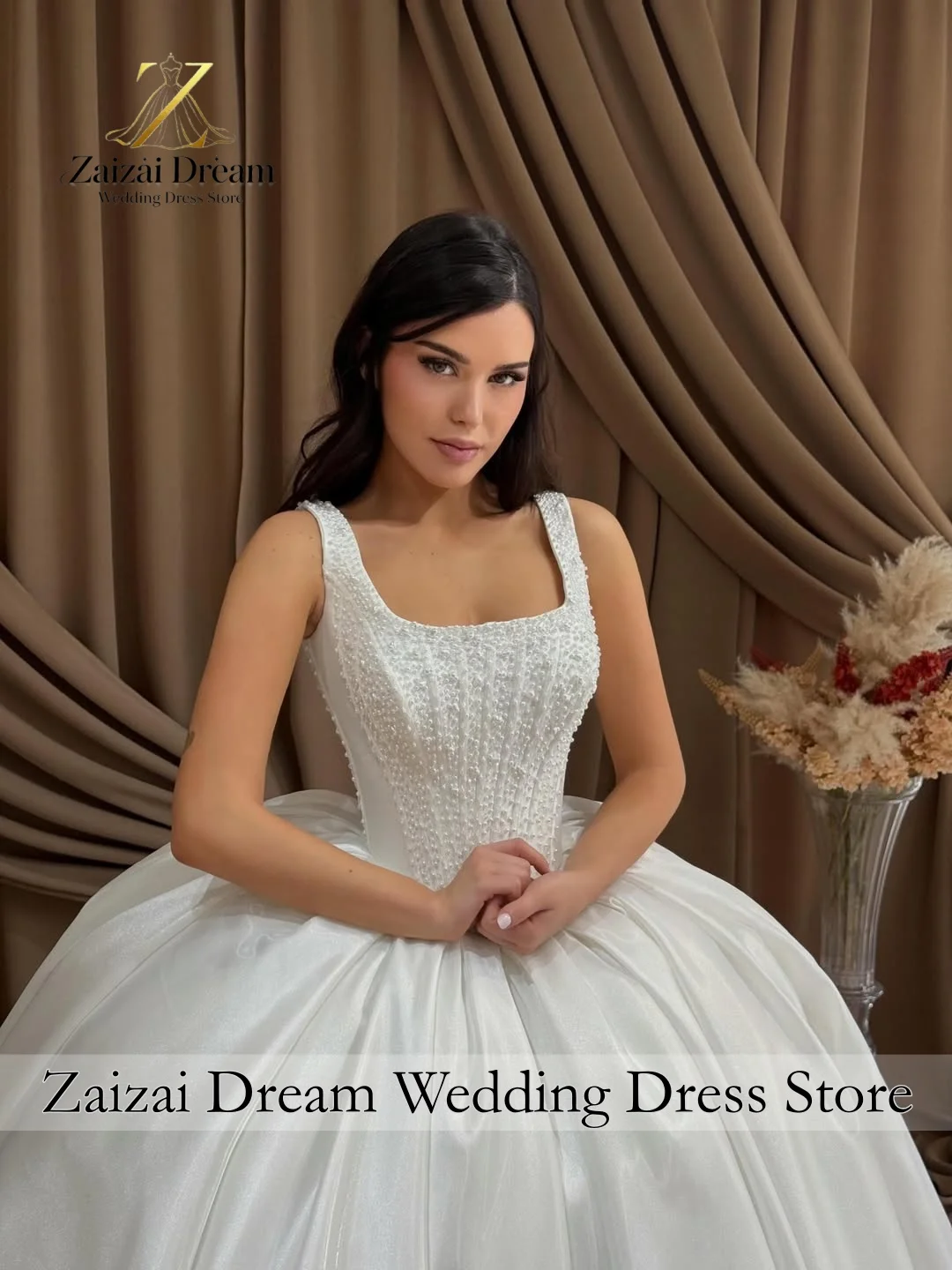 

Customzied Luxury Pearl Satin Wedding Dress Square Neck Ball Gown Princess Bridal Gown with Long Train Vestido De Novia