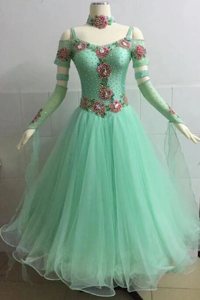 Standard Ballroom Dance Dress 2024 New Arrival Adult Light Green Short Sleeve Waltz Tango Ballroom Competition Dancing Dresses