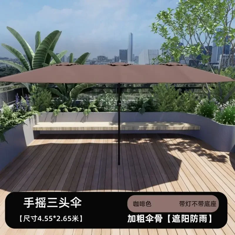 #Outdoor Patio Umbrella, 3-Head Solar LED Lighted Umbrella, UV Protection, Thick Canopy, for Garden Beach Use