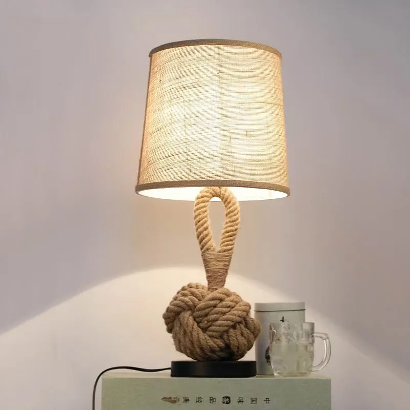 Retro Handmade Woven Hemp Rope Table Lamp American Industrial Style Linen Shade Bedside Bar Indoor Lighting