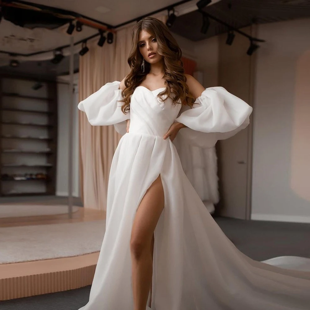 

Simple Tulle Princess Wedding Dresses with Detachable Puff Sleeves Sexy High Slit A-Line Lace Up Bridal Gowns Long Train