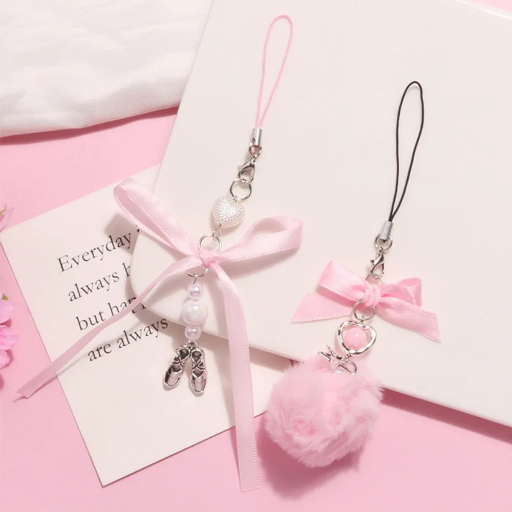 Hang Straps Y2K Pink Y2K Phone Chain Hairball Bowknot Mobile Phone Lanyard Ballet Shoes Sweet Phone Case Pendant Car Key Chains
