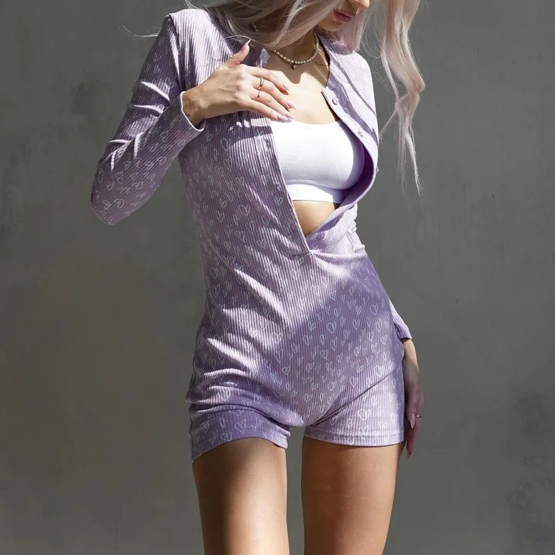 2026 New Women's Casual Printed Jumpsuit Long Sleeves V Neck Button Top Shorts European American Style Onesies Sexy L Size Cozy