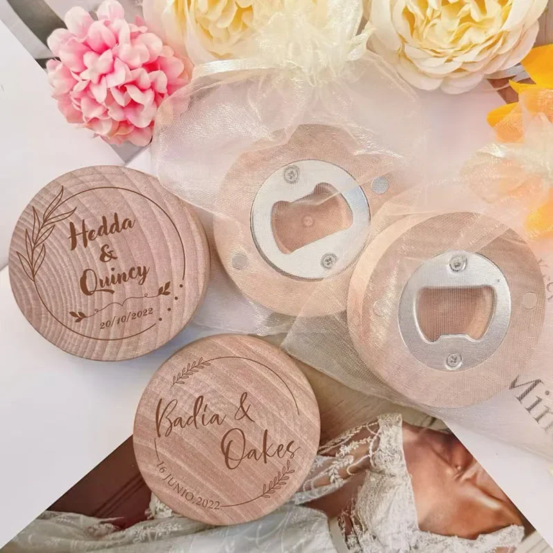 Personalized Wedding Favor Engraved Wooden Fridge Magnet Round Bottle Opener Wedding Guest Custom Bautizo Party Souvenir 1-40pcs