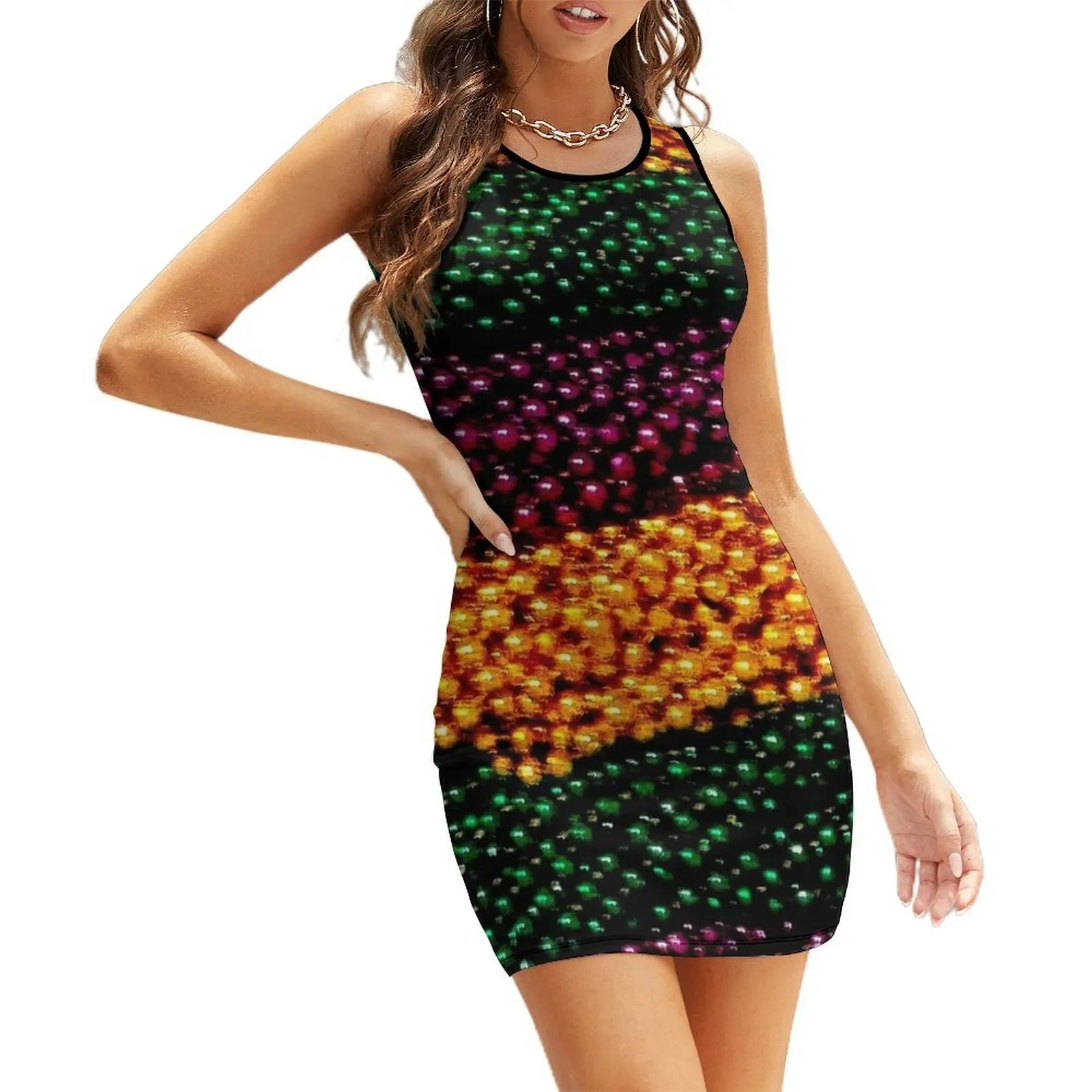 

MARDI GRAS :Colorful Festival Beads Print Sleeveless Sundress Casual dresses dresses with long sleeves clothes for woman
