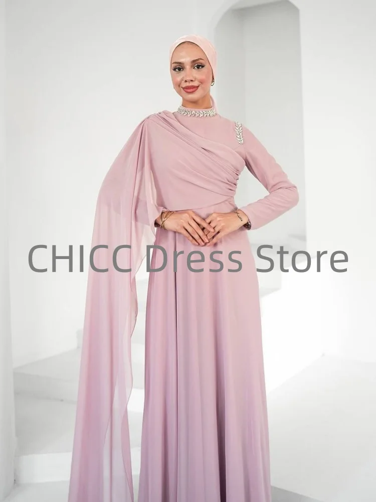 Скромные вечерние платья с накидкой, высоким воротом и длинными рукавами, торжественное платье для выпускного вечера, хиджаб, трапециевидное платье со складками и бисером, мусульманское платье Custiomized