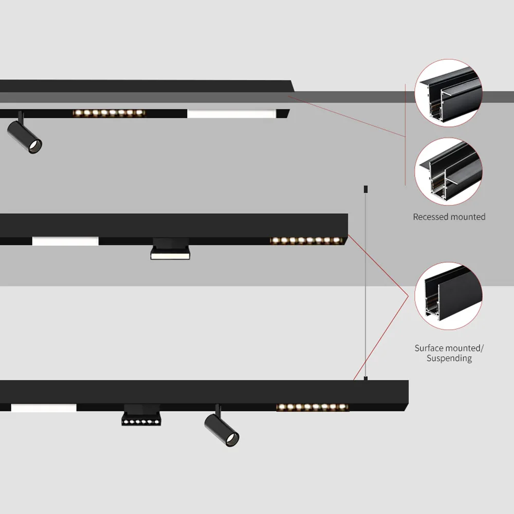 سطح جزءا لا يتجزأ من أضواء المسارات تعليق الهاتف الذكي APP التحكم LED الأضواء LED المغناطيسي أضواء المسارات DC-48V نظام راحة