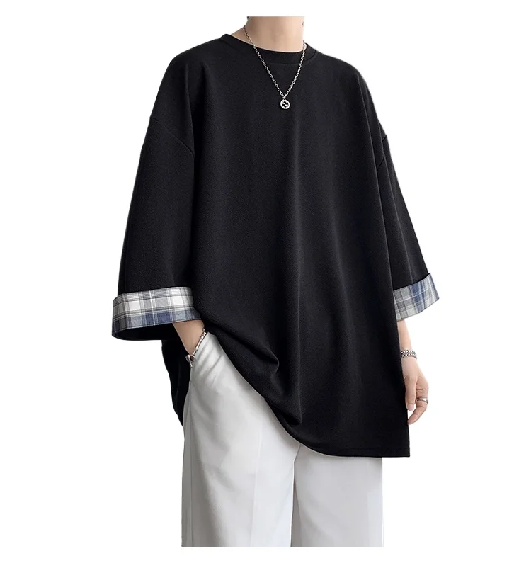 Spring Summer Men\'s T-shirts Women Oversized 2XL Korean Style Loose Plaid T-shirt Casual Seven sleeves T-Shirt Male White