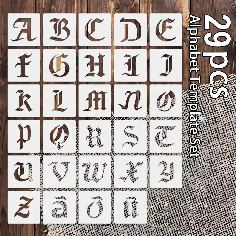 29 Plantillas de Alfabeto Alemán de 3.9 Pulgadas, Reutilizables, con Letras Góticas, para Decoración de Paredes, Tela, Papel, Manualidades