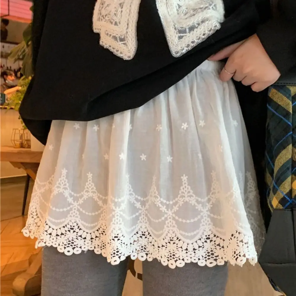 التطريز زهرة الدانتيل تنورة زلات المضادة للوهج شبكة الدانتيل بطانة ثوب نسائي هايت الخصر الكورية نمط الحلو فستان قصير قصير #1