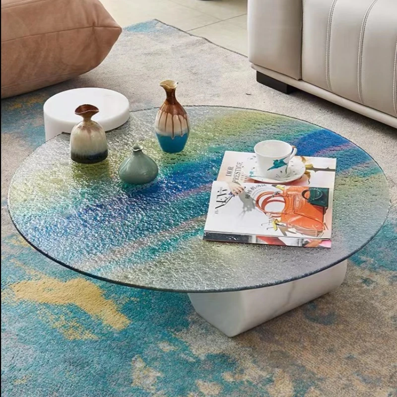 

Luxury Minimalist Water Ripple round Coffee Table Designer Creative Personality Painted Tempered Crystal Glass Tea Table