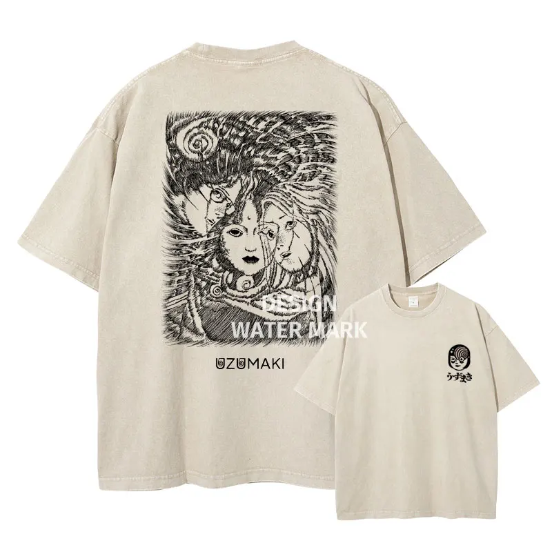 Anime Uzumaki T Shirts Vintage Washed Spiral into Horror T-shirt Oversize Short Sleeve Tomie Kawakami Tops Tees Girls 100%Cotton