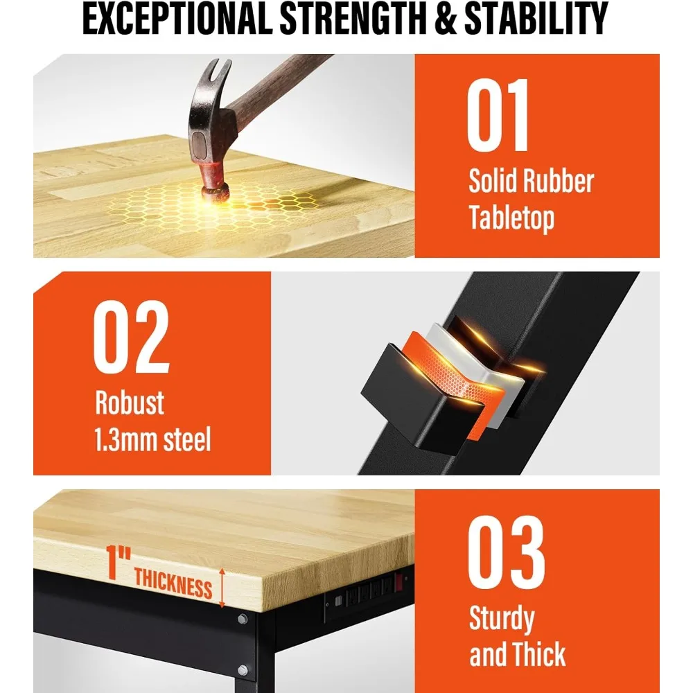 60" Adjustable Work Bench,Hardwood Top Garage Work Bench Table,Heavy Duty 2000 LBS Load Worktable,Rolling Mobile Workbench