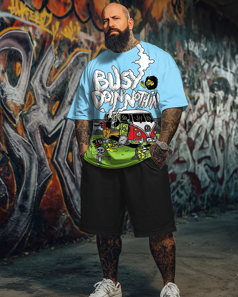 S-9XL Men's Large Size Hippie Rock Music Print Short-Sleeved T-Shirt Shorts Two-Piece Set