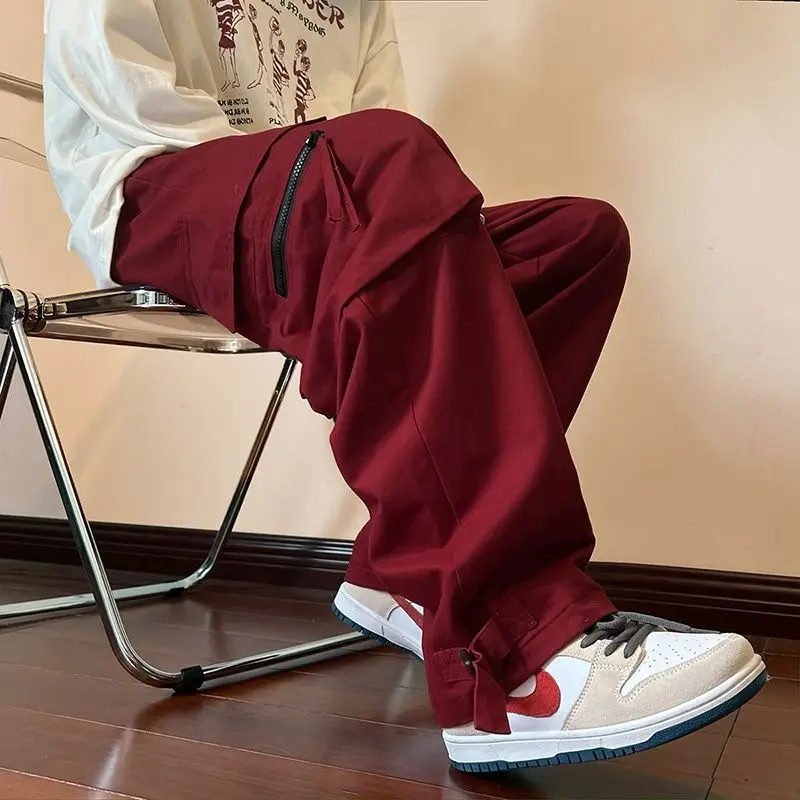 Wine Red Work Pants Men's Autumn Hip-hop Casual Pants Loose Straight Leg Wide Leg Pants XJ144