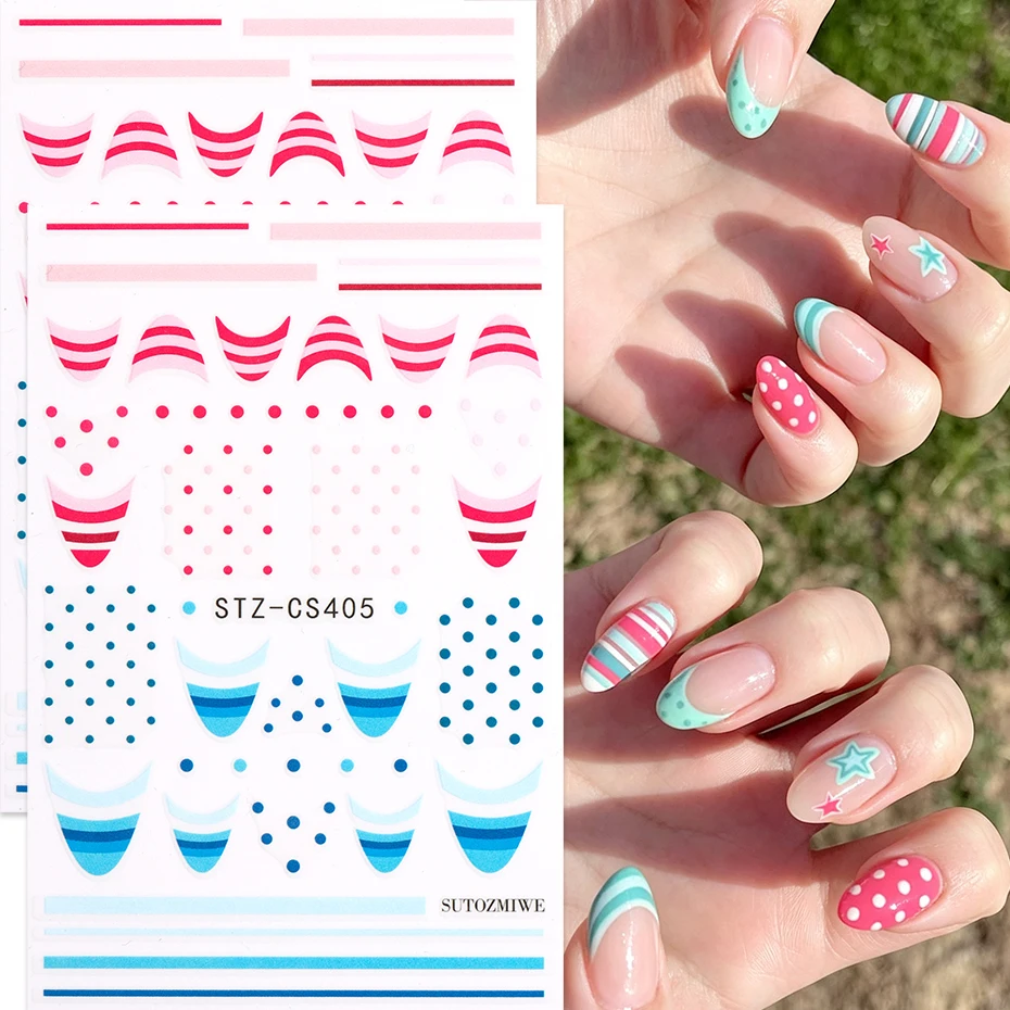 3D Nail Art Sticker Mini Polka Dots Pink Blue Stripes French Tip Pattern Design Decals Summer Party Nail Decoration DIY Manicure
