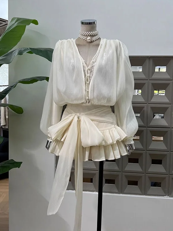 

Slim Fit Deep V Ne Pleated Lace Patchwork Dr Korean Sle Commute Long Sve a Line Skirt ort Pants Design