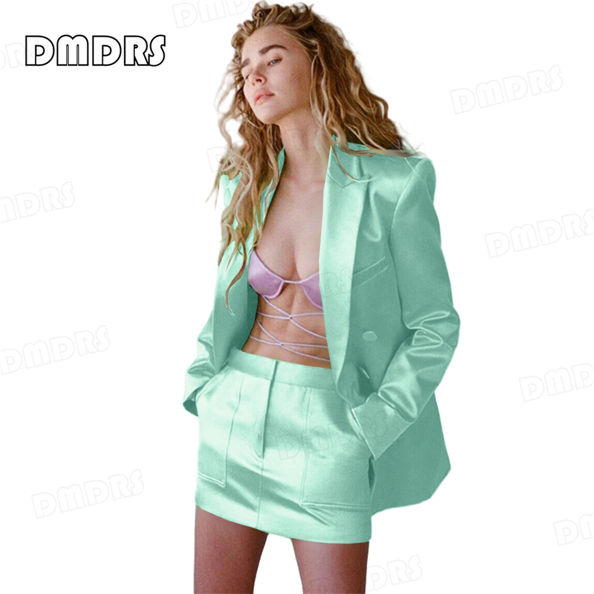 Chic Satin 2-Piece Suit Set for Women, Double Breasted Long Notched Blazer with Mini Skirt, High Street Customized Colors Outfit